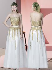 Fashion White Sleeveless Beading Floor Length Prom Party Dress