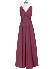 Discount Burgundy Zipper V-neck Ruching Prom Party Dress Chiffon Sleeveless