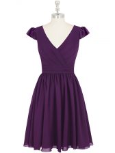 Great Cap Sleeves Mini Length Ruching Zipper Prom Evening Gown with Purple