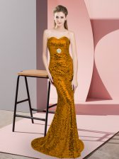 Modest Sleeveless Sequined Sweep Train Zipper Dress for Prom in Brown with Sequins