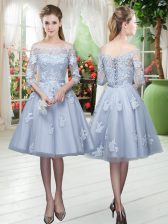  Grey Lace Up Prom Party Dress Appliques 3 4 Length Sleeve Knee Length