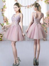 Perfect V-neck Sleeveless Dama Dress for Quinceanera Mini Length Appliques Pink Tulle