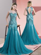  Sleeveless Tulle Sweep Train Backless Evening Dress in Teal with Beading and Appliques