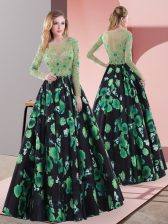  Printed Long Sleeves Floor Length Dress for Prom and Appliques