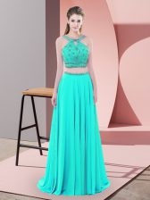 Admirable Aqua Blue Two Pieces Beading Dress for Prom Backless Elastic Woven Satin Sleeveless