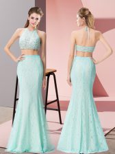 Comfortable Floor Length Two Pieces Sleeveless Apple Green Prom Gown Backless