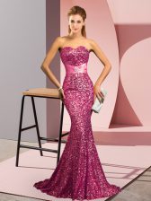 Fancy Pink Mermaid Sweetheart Sleeveless Sequined Sweep Train Backless Beading Prom Evening Gown