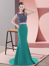Custom Designed Turquoise Sleeveless Sweep Train Beading 