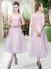 Fantastic Baby Pink Lace Up Dress for Prom Half Sleeves Ankle Length Belt