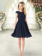 Fitting Scoop Cap Sleeves Evening Dress Mini Length Belt Black Chiffon