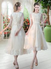  Scoop 3 4 Length Sleeve Homecoming Dress Tea Length Lace Champagne Tulle