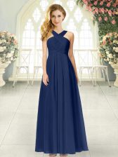  Floor Length Zipper Prom Gown Navy Blue for Prom and Party with Ruching