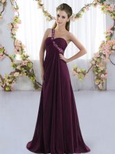 Perfect Dark Purple Empire Chiffon One Shoulder Sleeveless Beading Lace Up Dama Dress Brush Train