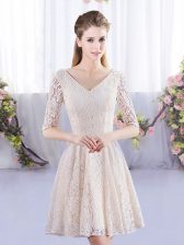 V-neck Half Sleeves Damas Dress Mini Length Lace Champagne