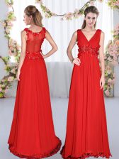  Sleeveless Chiffon Floor Length Side Zipper Court Dresses for Sweet 16 in Red with Beading and Appliques