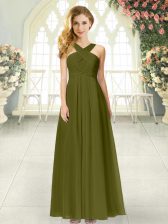  Straps Sleeveless Homecoming Dress Floor Length Ruching Olive Green Chiffon