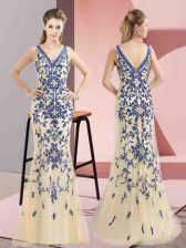  Champagne Prom Gown Prom and Party and Military Ball with Beading V-neck Sleeveless Zipper