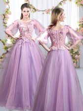  Lavender Zipper Quinceanera Court Dresses Appliques Half Sleeves Floor Length