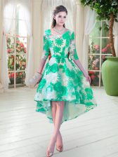 Sumptuous Scoop Half Sleeves Prom Party Dress High Low Belt Turquoise Lace
