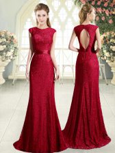 Cute Scoop Sleeveless Evening Dress Sweep Train Lace Red