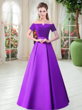 Sweet Satin Off The Shoulder Short Sleeves Lace Up Belt Dress for Prom in Purple