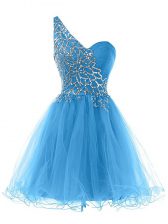 Excellent Blue Sleeveless Mini Length Beading Lace Up Evening Dress