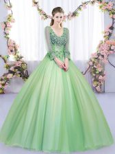 Hot Selling V-neck Long Sleeves Quince Ball Gowns Floor Length Lace and Appliques Green Tulle