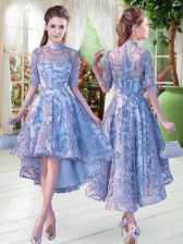  High-neck Half Sleeves Lace Up Appliques Prom Party Dress in Blue