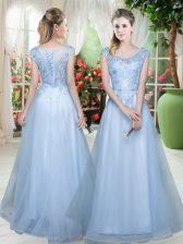 Cute Light Blue Tulle Lace Up Dress for Prom Cap Sleeves Floor Length Lace