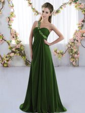  Olive Green Lace Up Quinceanera Dama Dress Beading Sleeveless Brush Train