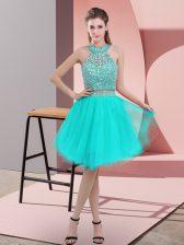  Turquoise Organza Backless Halter Top Sleeveless Knee Length Prom Dresses Beading