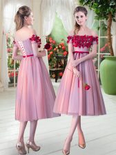  Sleeveless Lace Up Tea Length Appliques Prom Party Dress