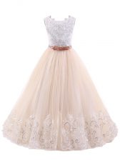 Scoop Sleeveless Flower Girl Dresses Brush Train Lace Pink 
