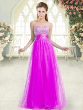 Hot Sale Purple A-line Sweetheart Sleeveless Tulle Floor Length Lace Up Beading Prom Gown