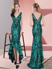 High End Sleeveless High Low Ruching Zipper Prom Evening Gown with Green