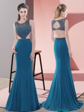 Fashionable Scoop Sleeveless Sweep Train Backless Evening Dress Blue Chiffon