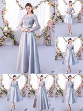Amazing Scoop 3 4 Length Sleeve Quinceanera Court Dresses Floor Length Lace Silver Satin