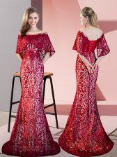 High End Red Prom Dress Sequined Sweep Train Half Sleeves Lace