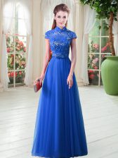  Royal Blue High-neck Lace Up Appliques Cap Sleeves