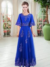 Exquisite Half Sleeves Floor Length Lace Lace Up with Royal Blue