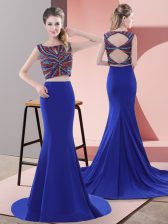 Designer Royal Blue Lace Up Beading Sleeveless Sweep Train