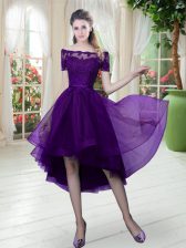 Colorful Off The Shoulder Short Sleeves Prom Gown High Low Lace Purple Tulle