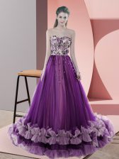 Low Price Purple Evening Dress Sweetheart Sleeveless Sweep Train Lace Up