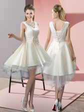 Sleeveless Tulle High Low Lace Up Prom Evening Gown in White with Lace and Bowknot