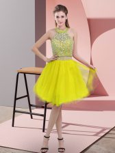  Knee Length Two Pieces Sleeveless Yellow Dress for Prom Backless