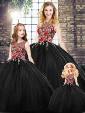  Scoop Sleeveless Zipper Embroidery Quinceanera Gown in Black