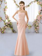  Peach Lace Lace Up Sweetheart Sleeveless Floor Length Quinceanera Dama Dress Beading