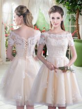 Hot Sale Champagne A-line Tulle Off The Shoulder Short Sleeves Lace Knee Length Lace Up Prom Dresses