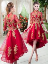  High-neck Half Sleeves Tulle Prom Party Dress Appliques Zipper