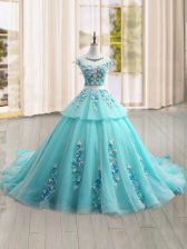 Free and Easy Cap Sleeves Brush Train Appliques Lace Up Quinceanera Dresses